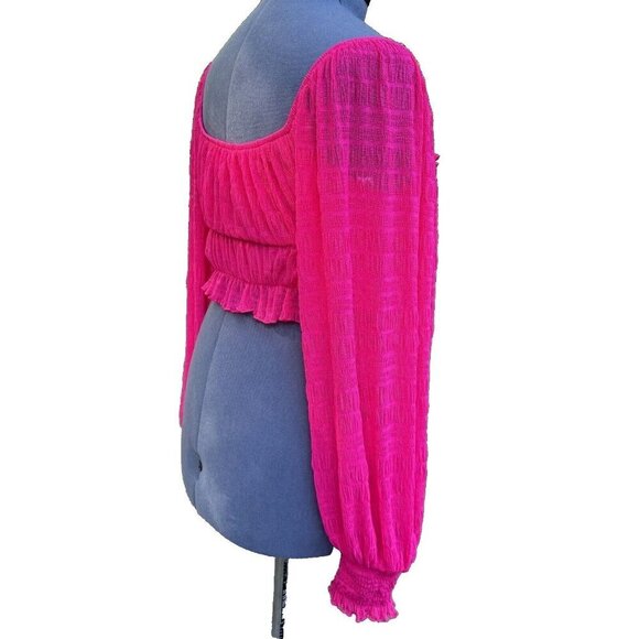 Frilly Romantic Fuchsia Crop Top Women Small Bishop Sleeve Textured Off Shoulder - Picture 2 of 16